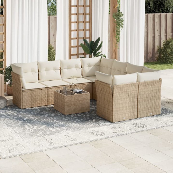 9-tlg. Garten-Sofagarnitur mit Kissen Schwarz Poly Rattan