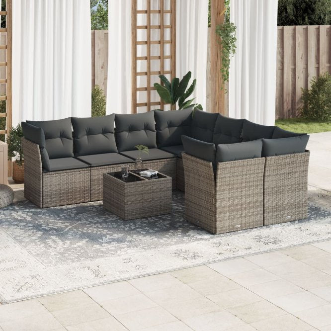 9-tlg. Garten-Sofagarnitur mit Kissen Schwarz Poly Rattan