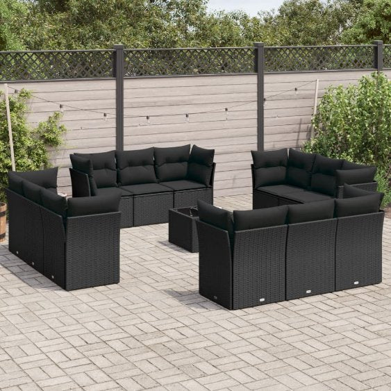 12-tlg. Garten-Sofagarnitur mit Kissen Schwarz Poly Rattan