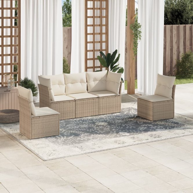 5-tlg. Garten-Sofagarnitur mit Kissen Schwarz Poly Rattan