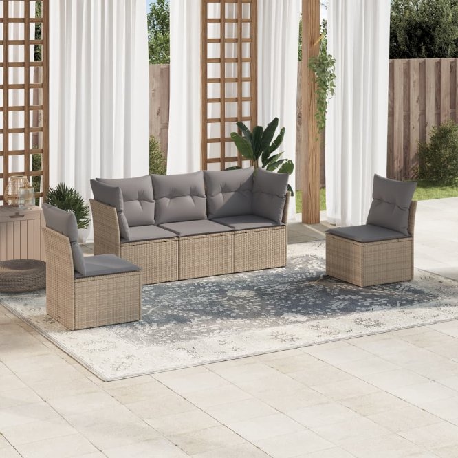 5-tlg. Garten-Sofagarnitur mit Kissen Schwarz Poly Rattan