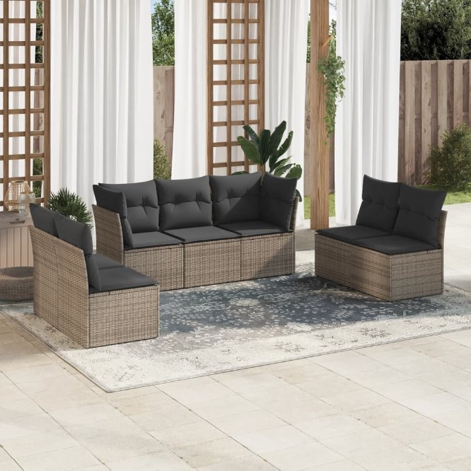 7-tlg. Garten-Sofagarnitur mit Kissen Schwarz Poly Rattan