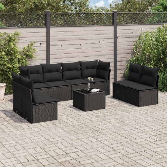 8-tlg. Garten-Sofagarnitur mit Kissen Schwarz Poly Rattan