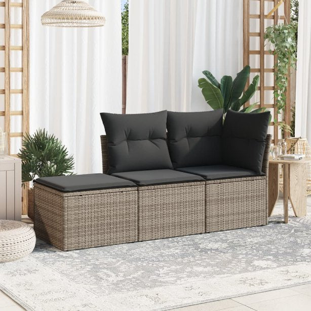 3-tlg. Garten-Sofagarnitur mit Kissen Schwarz Poly Rattan