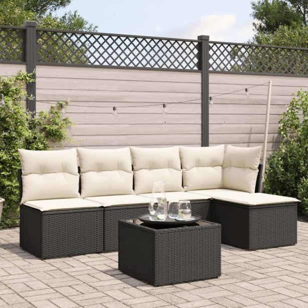 5-tlg. Garten-Sofagarnitur mit Kissen Schwarz Poly Rattan