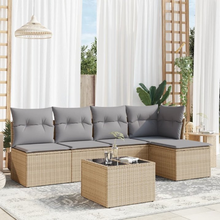 5-tlg. Garten-Sofagarnitur mit Kissen Schwarz Poly Rattan