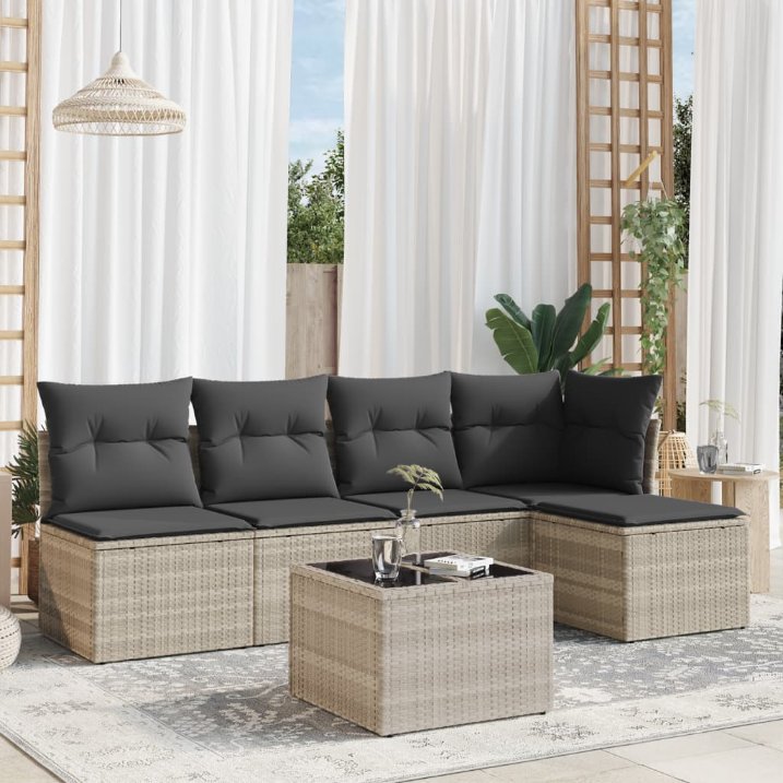5-tlg. Garten-Sofagarnitur mit Kissen Schwarz Poly Rattan