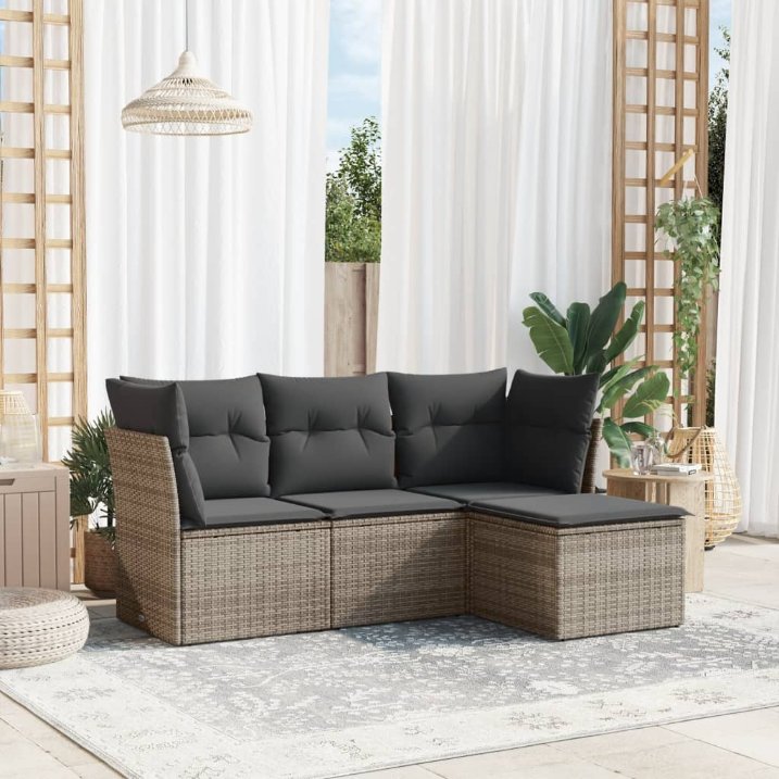 4-tlg. Garten-Sofagarnitur mit Kissen Schwarz Poly Rattan