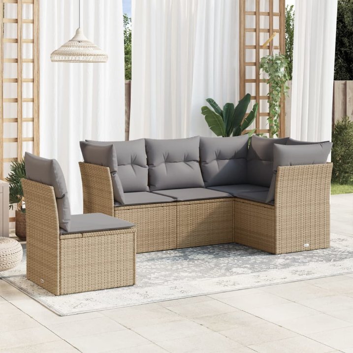 5-tlg. Garten-Sofagarnitur mit Kissen Schwarz Poly Rattan