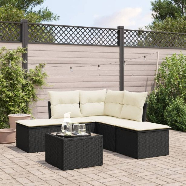 5-tlg. Garten-Sofagarnitur mit Kissen Schwarz Poly Rattan