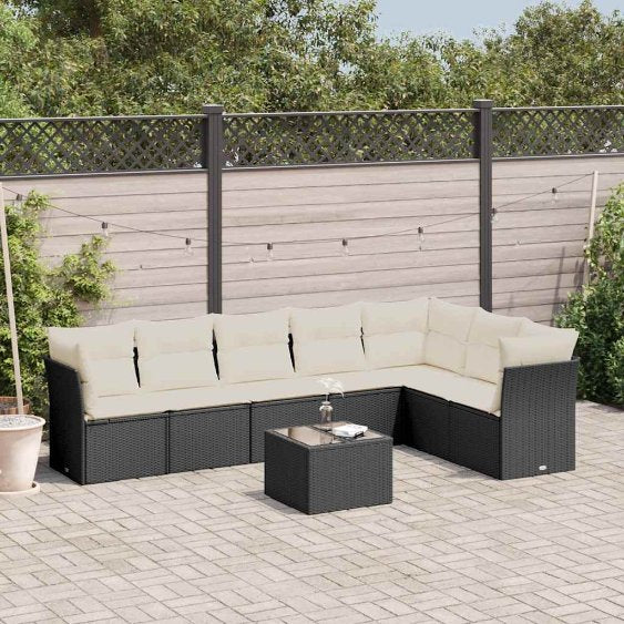 7-tlg. Garten-Sofagarnitur mit Kissen Schwarz Poly Rattan