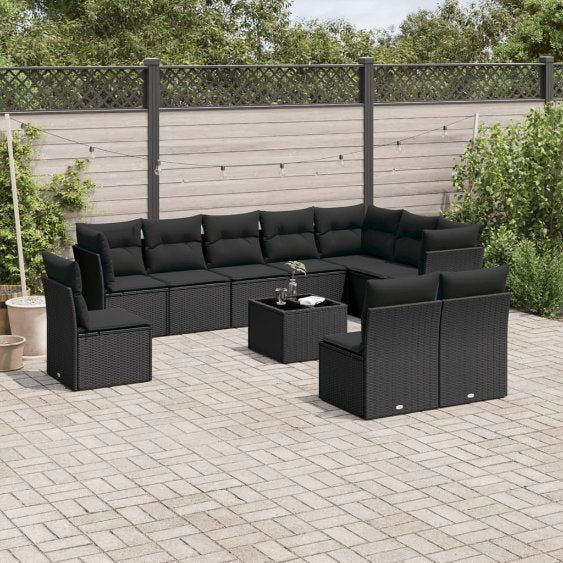 vidaXL 10-tlg. Garten-Sofagarnitur mit Kissen Schwarz Poly Rattan