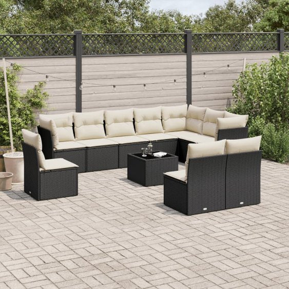 vidaXL 10-tlg. Garten-Sofagarnitur mit Kissen Schwarz Poly Rattan