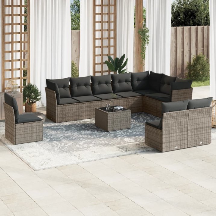 vidaXL 10-tlg. Garten-Sofagarnitur mit Kissen Schwarz Poly Rattan