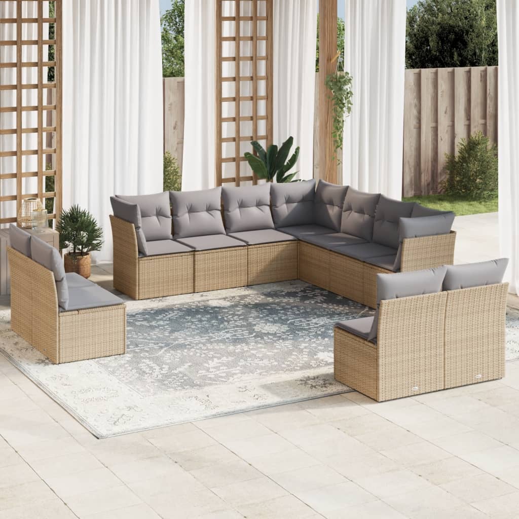 11-tlg. Garten-Sofagarnitur mit Kissen Schwarz Poly Rattan