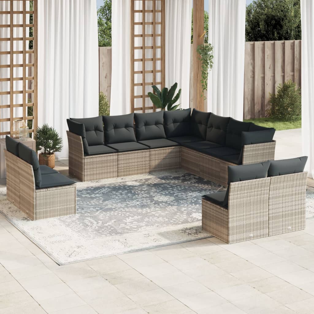 11-tlg. Garten-Sofagarnitur mit Kissen Schwarz Poly Rattan