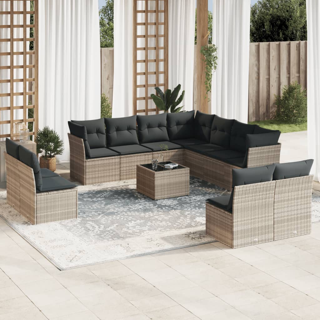 11-tlg. Garten-Sofagarnitur mit Kissen Schwarz Poly Rattan