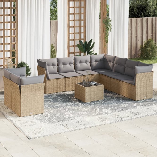 9-tlg. Garten-Sofagarnitur mit Kissen Schwarz Poly Rattan