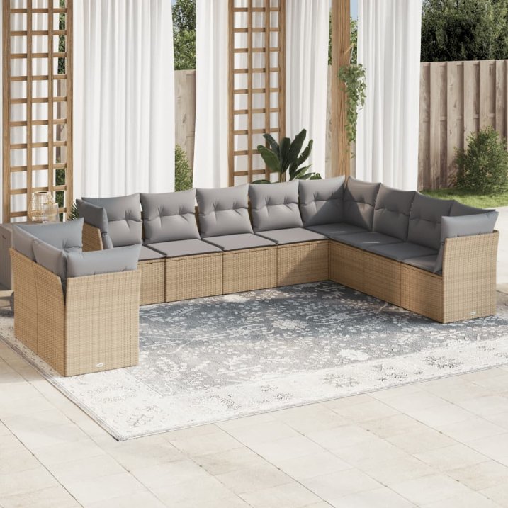 vidaXL 10-tlg. Garten-Sofagarnitur mit Kissen Schwarz Poly Rattan