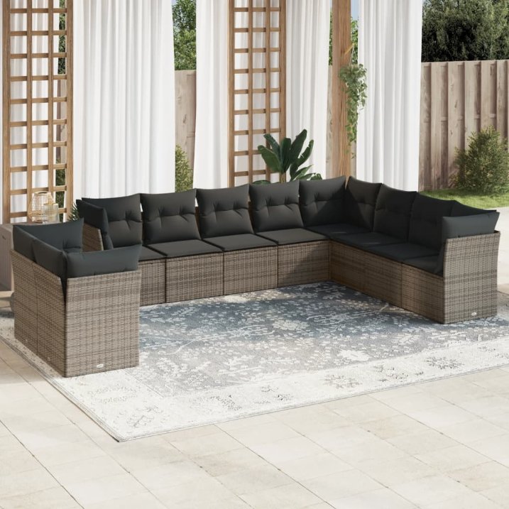 vidaXL 10-tlg. Garten-Sofagarnitur mit Kissen Schwarz Poly Rattan