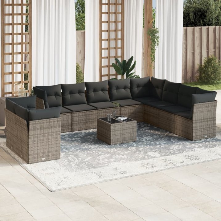 vidaXL 10-tlg. Garten-Sofagarnitur mit Kissen Schwarz Poly Rattan
