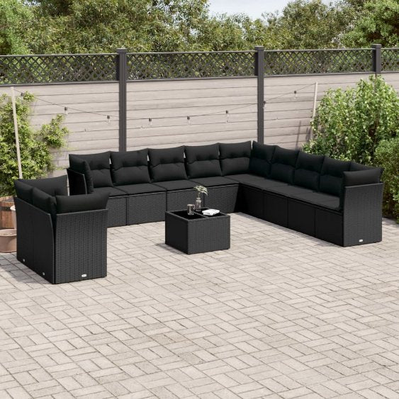11-tlg. Garten-Sofagarnitur mit Kissen Schwarz Poly Rattan