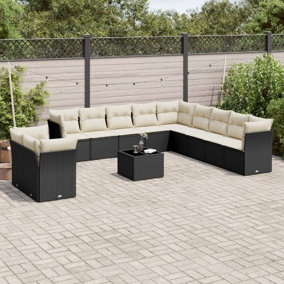11-tlg. Garten-Sofagarnitur mit Kissen Schwarz Poly Rattan
