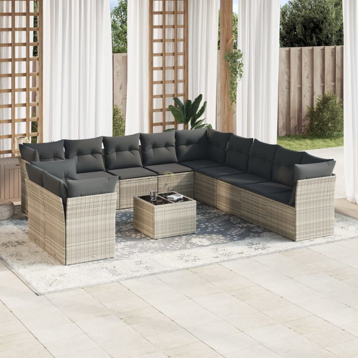 11-tlg. Garten-Sofagarnitur mit Kissen Schwarz Poly Rattan