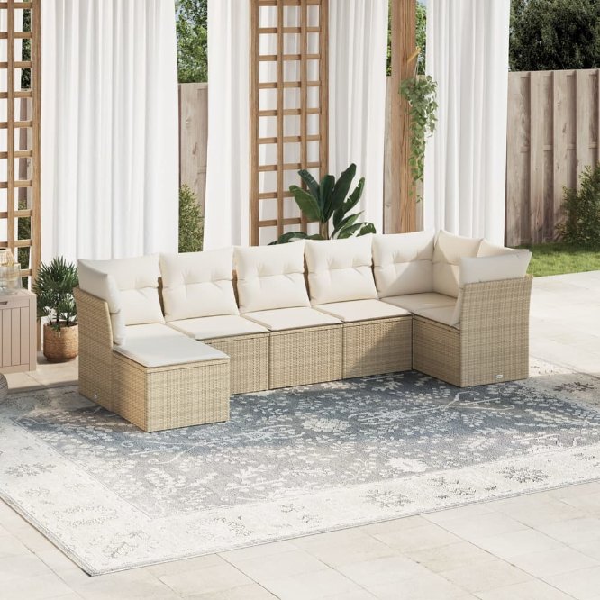 7-tlg. Garten-Sofagarnitur mit Kissen Schwarz Poly Rattan