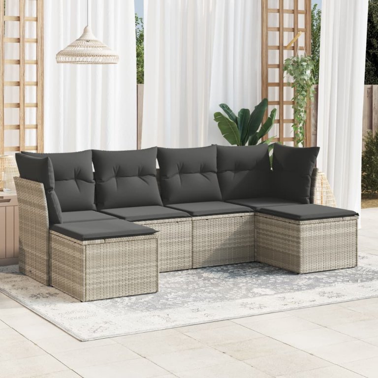 6-tlg. Garten-Sofagarnitur mit Kissen Schwarz Poly Rattan