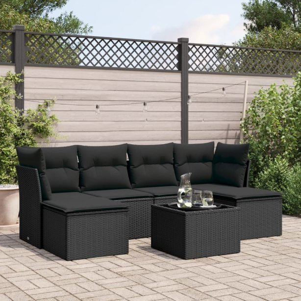 6-tlg. Garten-Sofagarnitur mit Kissen Schwarz Poly Rattan