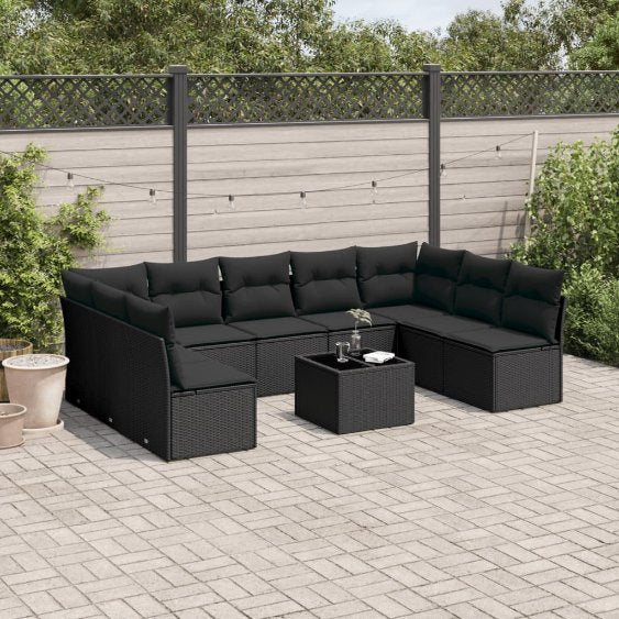 9-tlg. Garten-Sofagarnitur mit Kissen Schwarz Poly Rattan