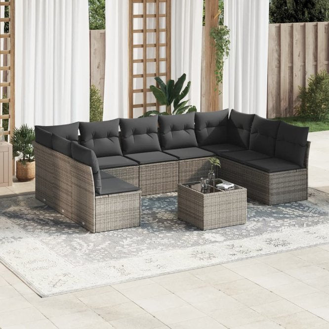 9-tlg. Garten-Sofagarnitur mit Kissen Schwarz Poly Rattan