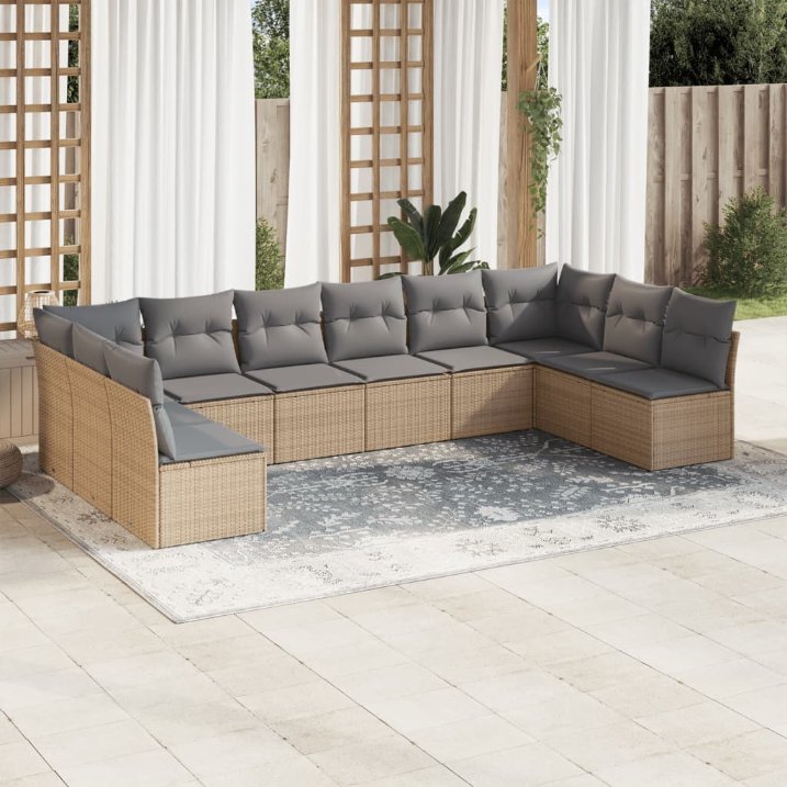 vidaXL 10-tlg. Garten-Sofagarnitur mit Kissen Schwarz Poly Rattan