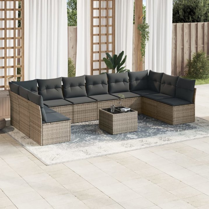 vidaXL 10-tlg. Garten-Sofagarnitur mit Kissen Schwarz Poly Rattan