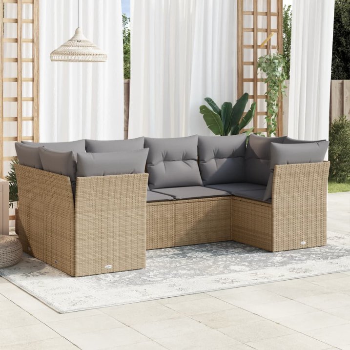 6-tlg. Garten-Sofagarnitur mit Kissen Schwarz Poly Rattan