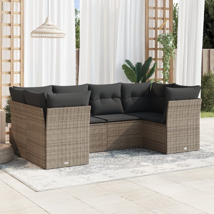 6-tlg. Garten-Sofagarnitur mit Kissen Schwarz Poly Rattan