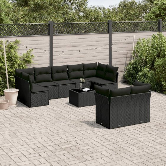 9-tlg. Garten-Sofagarnitur mit Kissen Schwarz Poly Rattan