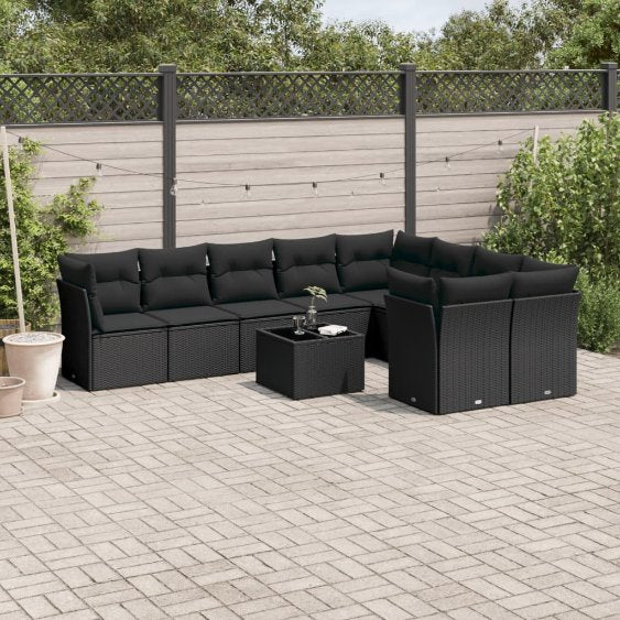 9-tlg. Garten-Sofagarnitur mit Kissen Schwarz Poly Rattan
