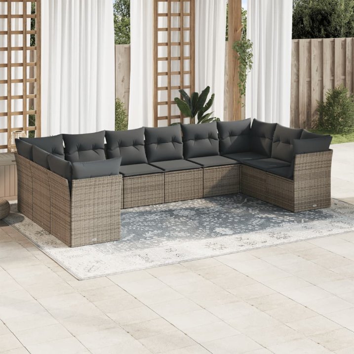 vidaXL 10-tlg. Garten-Sofagarnitur mit Kissen Schwarz Poly Rattan