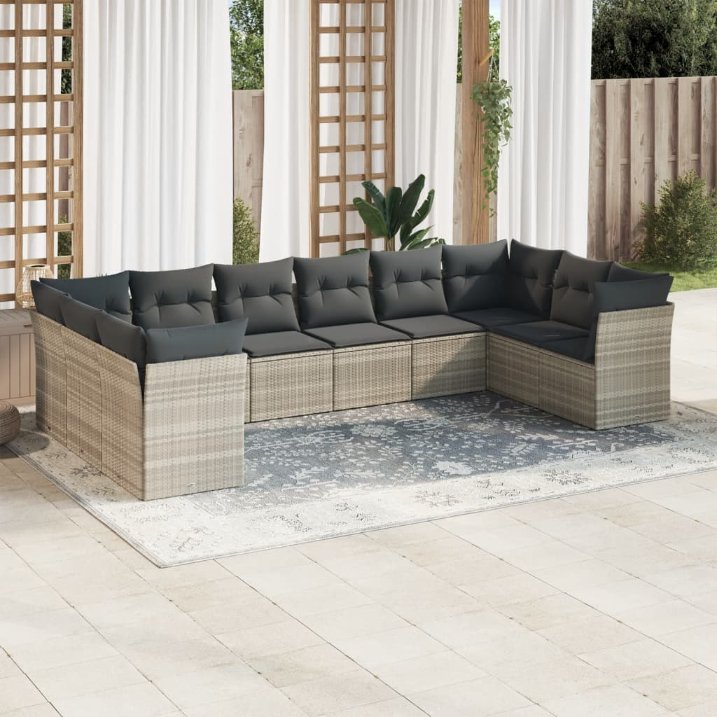 vidaXL 10-tlg. Garten-Sofagarnitur mit Kissen Schwarz Poly Rattan