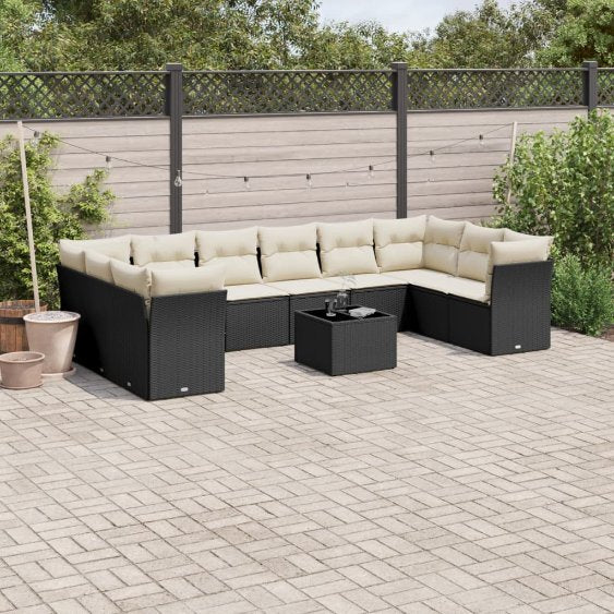 vidaXL 10-tlg. Garten-Sofagarnitur mit Kissen Schwarz Poly Rattan