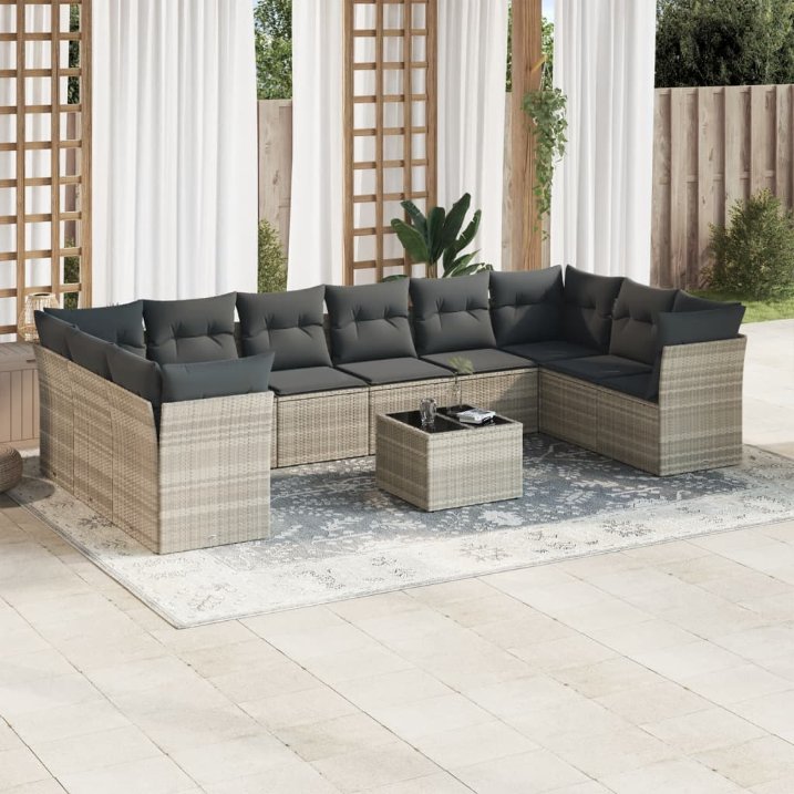 vidaXL 10-tlg. Garten-Sofagarnitur mit Kissen Schwarz Poly Rattan