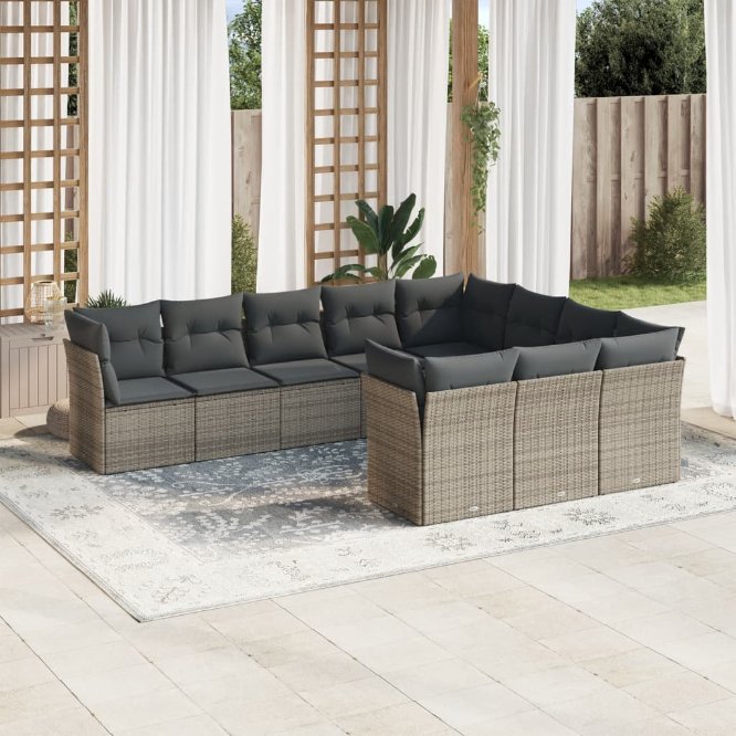 vidaXL 10-tlg. Garten-Sofagarnitur mit Kissen Schwarz Poly Rattan