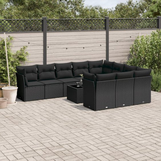 vidaXL 10-tlg. Garten-Sofagarnitur mit Kissen Schwarz Poly Rattan