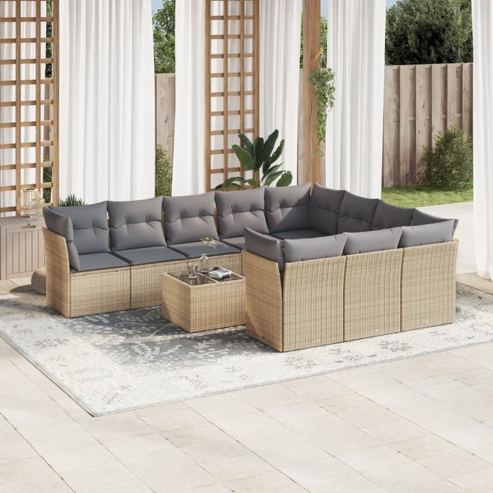 vidaXL 10-tlg. Garten-Sofagarnitur mit Kissen Schwarz Poly Rattan