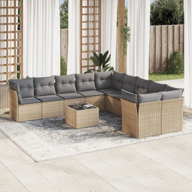 vidaXL 10-tlg. Garten-Sofagarnitur mit Kissen Schwarz Poly Rattan