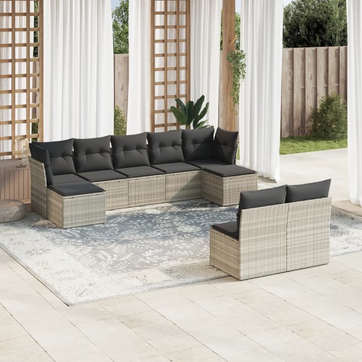 9-tlg. Garten-Sofagarnitur mit Kissen Schwarz Poly Rattan