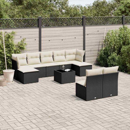 9-tlg. Garten-Sofagarnitur mit Kissen Schwarz Poly Rattan