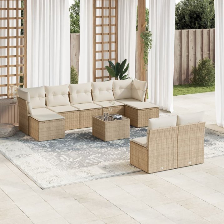 9-tlg. Garten-Sofagarnitur mit Kissen Schwarz Poly Rattan